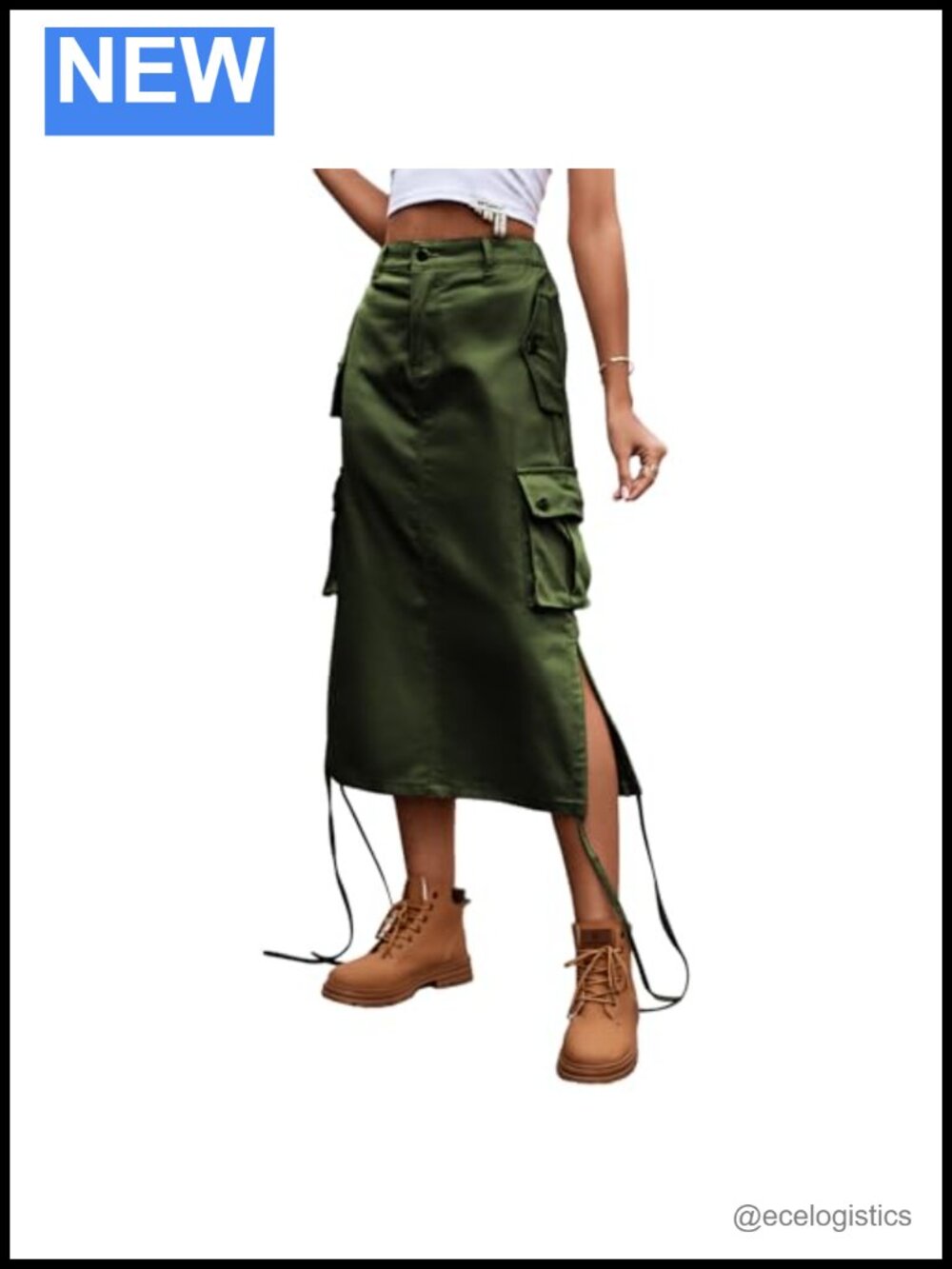 Cargo Long Denim Skirt Below Knee High Waist with Pockets